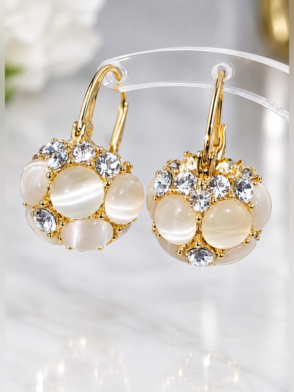 Gold-Tone White Cat's Eye Drop Earrings with Crystals